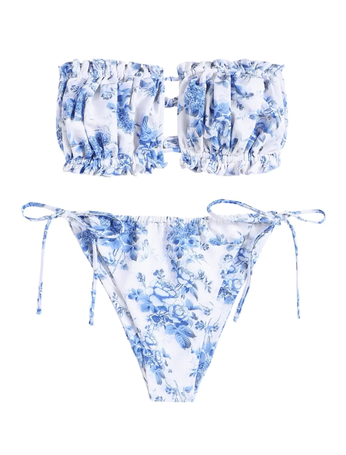 ZAFUL Women 2 Piece Strapless Bikini Swimsuits Ruffle Ribbed Bandeau Bikini Set High Cut Bathing Suits (2-Blue Floral M)