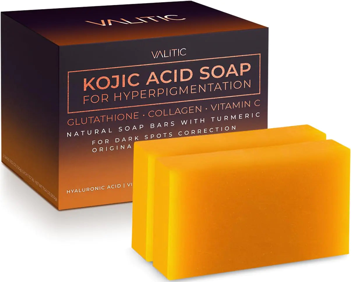 VALITIC Kojic Acid Soap for Hyperpigmentation - with Glutathione Collagen & Vitamin C - Natural Soap Bars with Turmeric - Original Japanese Complex for Dark Spot Correction - 2 Pack