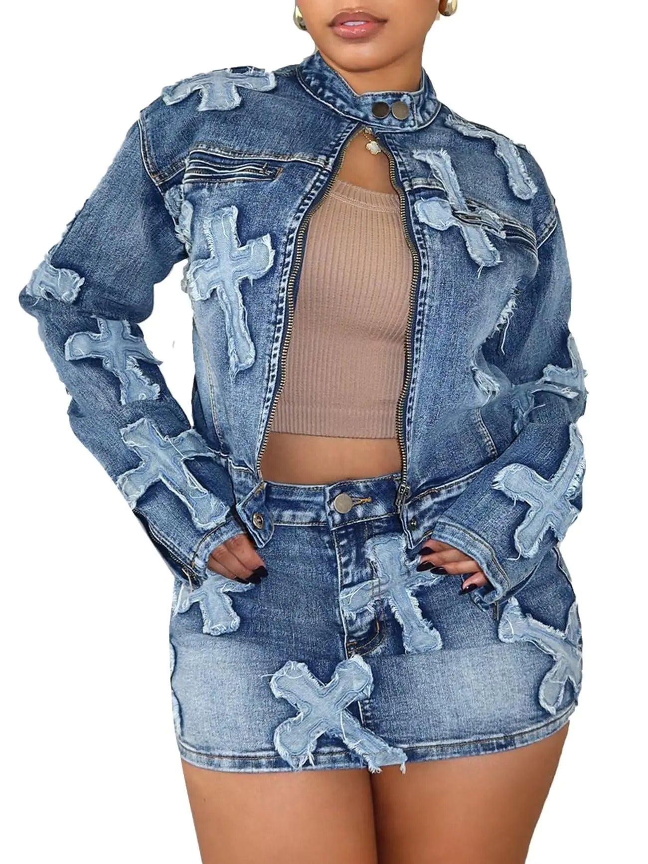 Uni Clau 2 Piece Denim Skirt Set for Women Y2K Long Sleeve Zipper Jean Jacket Top Mini Skirt Bodycon Set Two Piece Outfits Blue